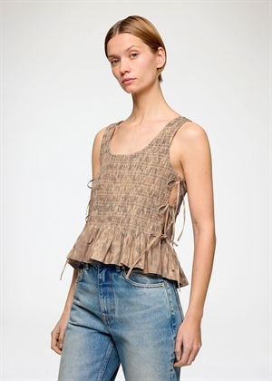 Printed stretch cotton smocked tie string top Burro A1040271 Ganni 